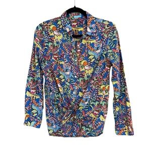 J. McLaughlin Lois Freshfield Top Blue Floral Animal Print Art To Wear Ox Print